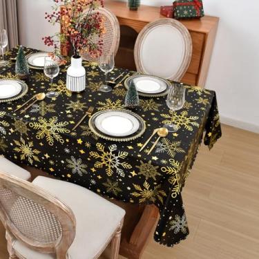 Imagem de ENNAS Toalha de mesa de Natal de 152 cm x 236 cm – Capa de mesa preta e dourada de floco de neve para sala de jantar, festas de fim de ano e reuniões de inverno – Toalha de mesa de poliéster