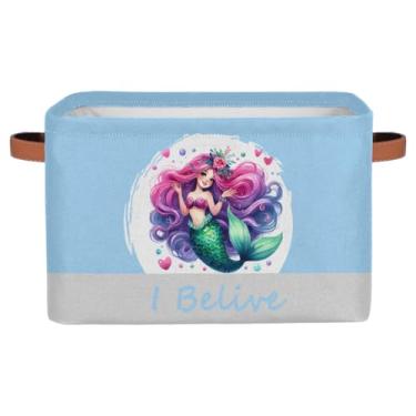 Imagem de Cestos de armazenamento pequenos, adorável sereia azul com alças, caixas de armazenamento de brinquedos infantis, organizador de cubo de tecido dobrável para berçário, sala de estar, quarto