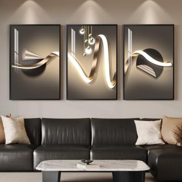 Imagem de Arte de parede abstrata de luxo moderna emoldurada grande em preto e dourado para sala de estar, 3 peças contemporâneas elegantes impressas, imagens geométricas para entrada do quarto, decoração de