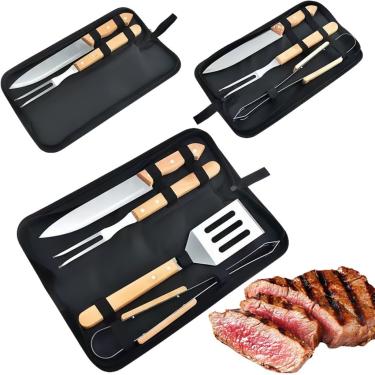 Imagem de Conjunto de Utensílios para Churrasco Profissional, 4 Peças, Aço Inoxidável com Cabo de Madeira, Kit 4 para Churrasqueiro com Estojo de Transporte
