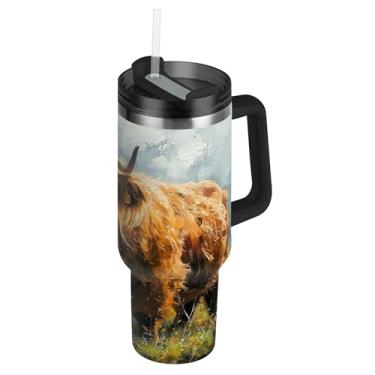Imagem de SEHANY Copo Highland Cow de 850 g com tampa e canudo, aço inoxidável de vácuo duplo isolado garrafa de água esportiva suporte para copo de café de viagem à prova de vazamento para bebida gelada