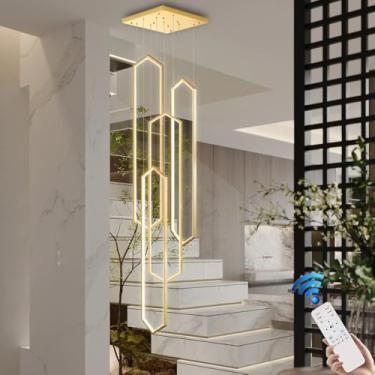 Imagem de Lustre LED moderno dourado, luminária pendente grande de alumínio para tetos altos, com controle remoto, 6 lâmpadas, ideal para escadas, hall de entrada, sala de estar e hall de entrada de c