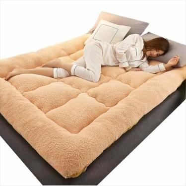 Imagem de Yadlan Colchão futon japonês, tapete fofo extra grosso, super macio e respirável, almofadas de chão tatami para dormir, sofá-cama dobrável, almofada multiuso, bege tamanho completo 200 x 220 cm