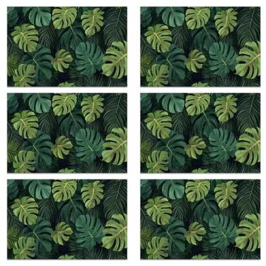 Imagem de Conjunto de 6 jogos americanos de folhas tropicais, linho lavável para o Natal, Ação de Graças, festa e jantar diário, tapetes de mesa decorativos para mesa de 4 a 6 pessoas