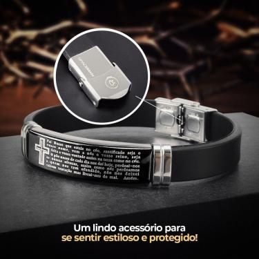 Imagem de Relogio Masculino Aço Inox Preto + Caixa + Pai Nosso Pulseira Ajustavel Social Presente Silicone