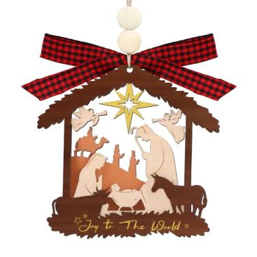 Imagem de Enfeite de Natal para presépio – Enfeite de Natal religioso de madeira 3D Joy to The World para decoração de árvore O nascimento de Jesus presente cristão para festa de Natal de amigos da família