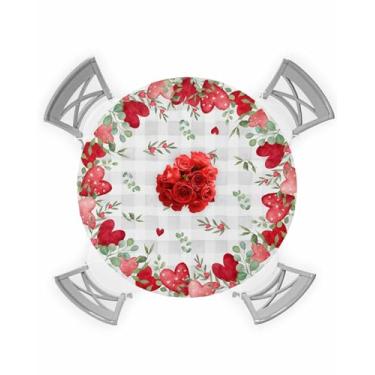 Imagem de Toalha de mesa redonda para o Dia dos Namorados com elástico vermelho rosa e coração do amor, folha de eucalipto, cinza xadrez, para cozinha, jantar, festa de casamento, decoração de Dia dos Namorados