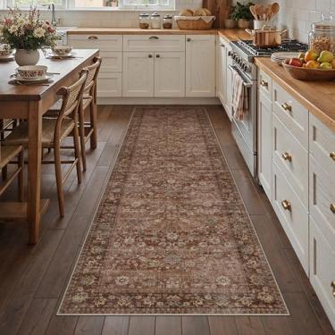 Imagem de HUGEAR Tapete de corredor 7 x 20 cm lavável à máquina tijolo vermelho tapete de área de corredor tapete floral de pilha baixa tapetes macios para quarto, sala de estar, escritório, jantar, cozinha