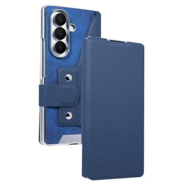 Imagem de LTLMYDAM Capa de couro para Samsung Galaxy Z Fold 7, protetor de tela flip slots de cartão capa de suporte capa de negócios textura de fibra de carbono, azul, dobrável 7