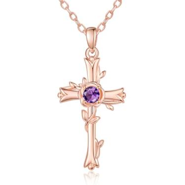 Imagem de SilvecFantasy Colar com pingente de cruz rosa para mulheres, colar de pedra do mês de nascimento da fé em ouro rosa, presente de aniversário de batismo na igreja para mãe, esposa, namorada, 1.26