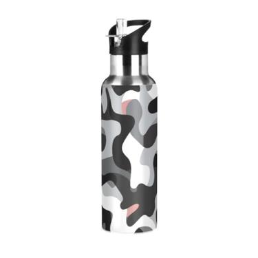 Imagem de Wassud Garrafa de água esportiva de aço inoxidável com garrafas de água isoladas com canudo copo de camuflagem portátil preto e branco 946 ml