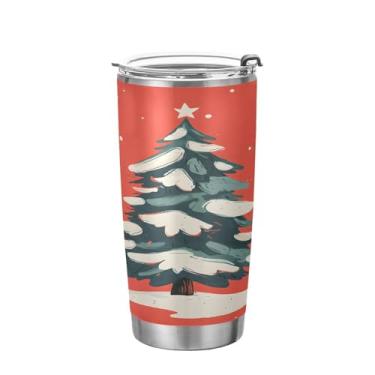Imagem de YETTASBIN Copo de árvore de Natal com tampa de palha, copo de aço inoxidável de 590 ml, parede dupla, isolada a vácuo, caneca de café de viagem para bebidas quentes e frias