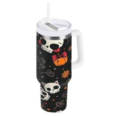 Imagem de STAYTOP Copo fofo de caveira de Halloween de 850 g com tampa e canudo, copo isolado de aço inoxidável durável à prova de vazamento com alça, garrafas de água à prova de derramamento para viagens