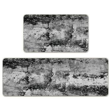 Imagem de Livcoz Farmhouse - Conjunto de 2 tapetes de cozinha abstratos pretos e brancos, textura de estilo industrial, arte moderna, decoração de casa, tapetes de porta monocromáticos envelhecidos vintage - 43