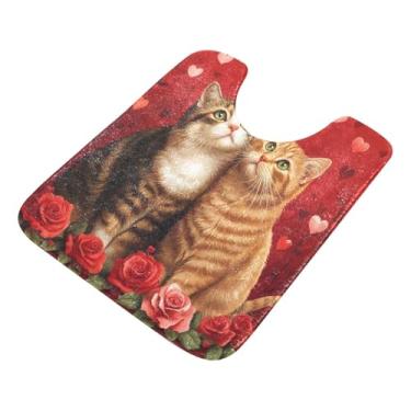 Imagem de Burbuja Tapete de banheiro Cats Roses, tapete de banho absorvente de pelúcia macio, base antiderrapante para piso de banheiro, oval em forma de U