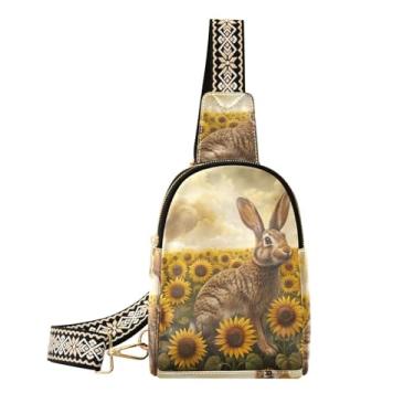Imagem de CEBUGI Bolsa tiracolo de couro para mulheres, girassóis de coelho, bolsa de peito para caminhadas, viagens ao ar livre