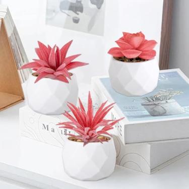 Imagem de 3 peças de suculentas artificiais mini realistas decorativas com detalhes de vegetação dupla para decoração de mesa e prateleira