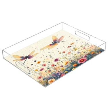 Imagem de STAYTOP Bandeja acrílica para servir libélulas e flores silvestres, 15,7 x 11,20 cm, bandejas decorativas à prova de derramamento, organizador de bancada para café da manhã, chá, comida, maquiagem