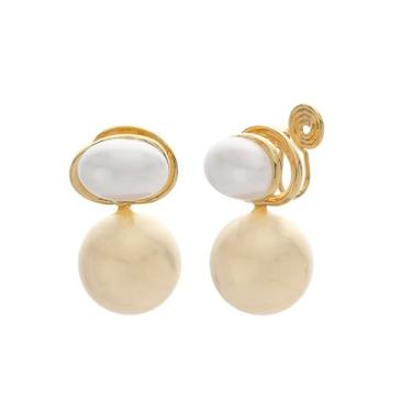 Imagem de Brincos de pérola dourada, brincos de pérola formais exclusivos não perfurados para mulheres, brincos modernos de declaração de noivas de casamento, Large, Metal, Sem pedra preciosa