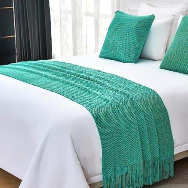 Imagem de Colcha de cama de corredor de cama moderna cor sólida tricotado cobertor de cama borla luxo macio confortável roupa de cama protetor para pé da cama toalha de cama decoração azul-verde ||65 x 260 cm