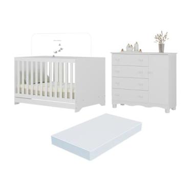 Imagem de Berço Americano 3 em 1 com Colchão Incluso e Cômoda 1 Porta 4 Gavetas Dengo Multimóveis Mp4698 Branco