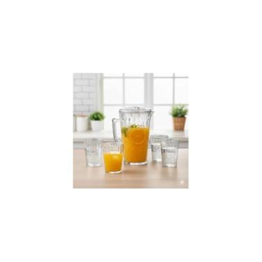 Imagem de Conjunto de Jarra 2L com Tampa e 4 Copos em Acrílico, Transparente, Design Texturizado em Relevo, Jarra 25cm x 13cm, Copos 9,5cm x 7,5cm, 270ml