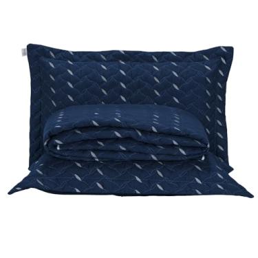 Imagem de Cobre Leito Casal Hipercal 400 Fios com Bordado, Amarelo Dourado, 3 Peças, Acabamento em Viés com Porta Travesseiros (azul marinho, Queen)