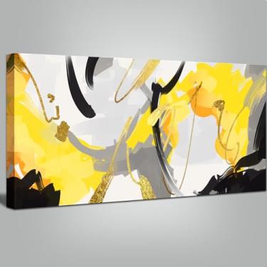 Imagem de Arte de parede abstrata amarela - Arte de parede em tela grande em amarelo e preto, arte cinza moderna para decoração de sala de estar, quarto e escritório para trabalho - Decoração de parede