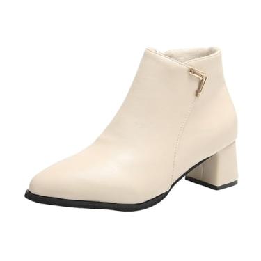 Imagem de Botas femininas de bico fino com zíper lateral salto médio grosso estilo britânico botas casuais para uso diário e uso no escritório, Bege, 35