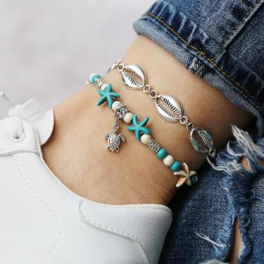 Imagem de Conjunto de tornozeleira de praia Boho com estrela do mar, contas turquesa, detalhes em concha e pingente de tartaruga marinha – Joias de verão em camadas para pés para mulheres e homens, Medium, liga