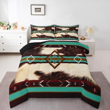 Imagem de Conjunto de edredom Queen com estampa de pele de vaca, para crianças, meninos, meninas, fazenda, pele de animal, decoração de quarto, bege, verde, vermelho, microfibra, 3 peças com 2 fronhas