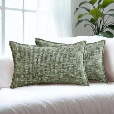 Imagem de HAUSSY Conjunto de 2 capas de almofada verde escuro 30,5 x 50,8 cm (12 x 20") com textura de tweed de chenille para sofá e sala de estar