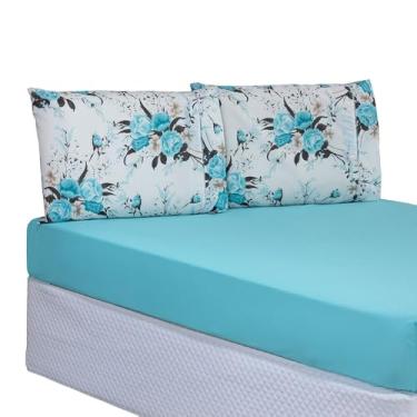 Imagem de Jogo de Lençol Queen 3 Peças Percal 150 Fios 100% Algodão Estampado com Elástico Rosê Azul Tiffany