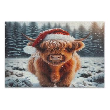 Imagem de Quebra-cabeça de vaca de Natal Highland Cattle adulto 1000 peças, quebra-cabeças fáceis para adultos com letras nas costas