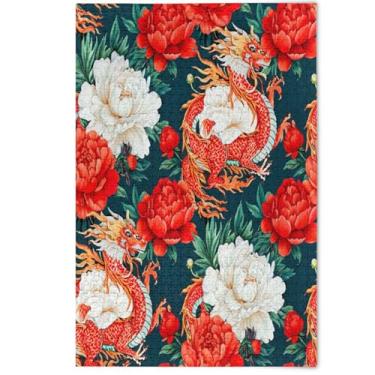 Imagem de Jigsaw Puzzles 1000 Pieces Adults Red Chinese Dragon White Peonies Friends Family Game Gifts Nature Puzzles Adults Landscape Animal Art, 1000 Pieces, 29.5" x 19.7"