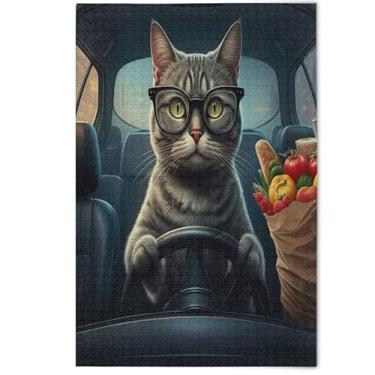 Imagem de Quebra-cabeças adultos com desenho de gato malhado cinza 1000 peças, presentes para amantes, quebra-cabeça para a família, divertidos quebra-cabeças para a família, estética de decoração de casa, 1000