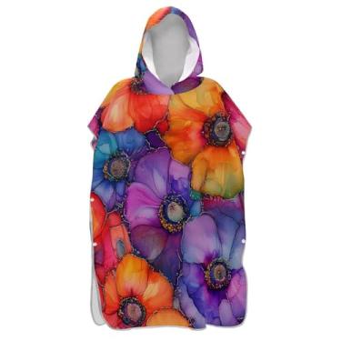 Imagem de TSENQUE Tinta colorida floral combinando cores poncho de surfe para adultos trocador roupão de praia moletom toalha floral vestível homens mulheres poncho com capuz