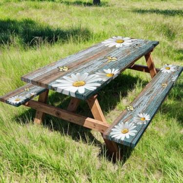 Imagem de Toalha de mesa rústica para piquenique 76 x 182 cm com capas de banco, flores de fazenda, borboleta, madeira, resistente à água, toalha de mesa essencial para acampamento com bordas elásticas, bolsa