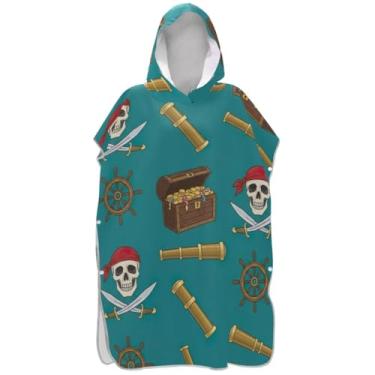 Imagem de Joisal Poncho de surfe para trocador adulto toalha de banho com capuz bonito plus size unissex adulto poncho com capuz caveira pirata azul-petróleo