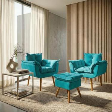 Imagem de Kit 2 Poltronas Decorativa e Puff Para Sala Recepção Manicure Consultório Quarto Closet Alice Tecido Suede (Azul Turquesa)