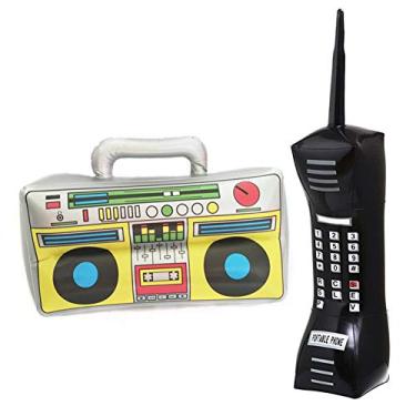 Imagem de ASHATA Conjunto de Telefone Móvel Inflável Criativo Boombox para Decorações de Festas Dos Anos 80 e 90, Design Realista, Fácil de Inflar, Material de PVC, Preto/prata (Cores sortidas)