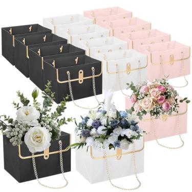 Imagem de Wuqoioo Saco de presente de papel de flor, pacote com 15 sacos de embrulho de presente florista com corrente de metal, buquê, caixa com alça, bolsa de mão de flores para arranjos, dia dos namorados
