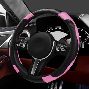 Imagem de Hovom Capa de volante de carro, capa protetora de volante de couro de fibra de carbono estilosa para 38 cm, antiderrapante e confortável, acessórios internos universais para decoração de carro (preto