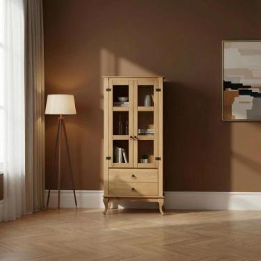 Imagem de Cristaleira Rústica Madeira Maciça 2 Gavetas Portas de Vidro - Repleta