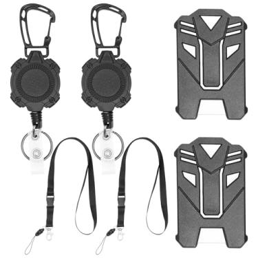 Imagem de 2 peças de clipe retrátil para crachá, chaveiro retrátil resistente com cordão, porta-chaves tático para cartão de identificação com cordão de aço de 80 cm para cartão de nome (preto)