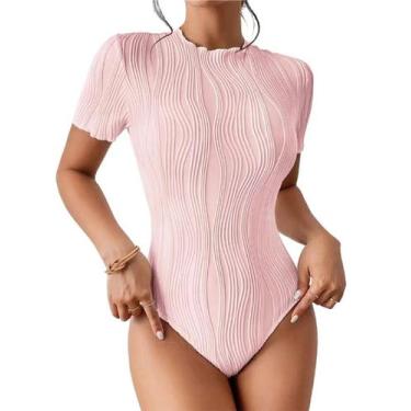 Imagem de Body com gola redonda texturizada sólida, body fino elegante de manga 