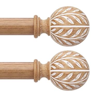 Imagem de Pacote com 2 varões de cortina de madeira boho, varões decorativos para janelas de 76 a 142 cm com acabamentos de folha de grão de madeira feitos à mão, hastes de tratamento de janela rústicas