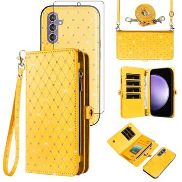 Imagem de Capa de celular para Samsung Galaxy S23 FE 5G carteira com zíper destacável com protetor de tela de vidro temperado alça transversal com glitter flip compartimento para cartão S 23 EF S23FE 23S