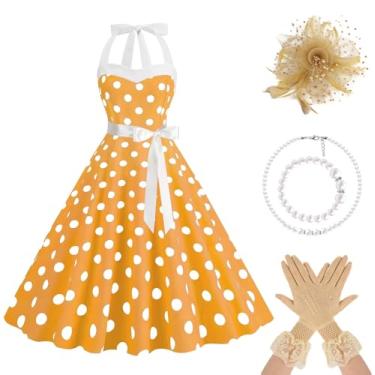 Imagem de HAPNBCELE Vestido feminino vintage anos 1950 com chapéu de cabelo, colares, luvas, vestidos de bolinhas frente única, roupa para chá e piquenique, Amarelo, XX-Large