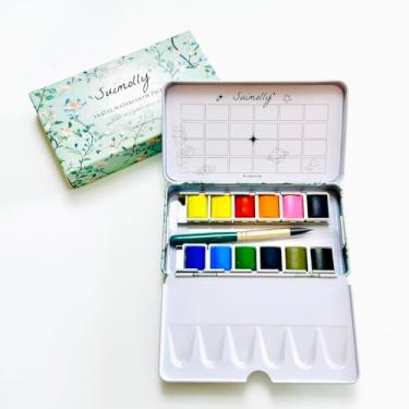 Imagem de Suimolly Conjunto de tinta aquarela, 12 cores com pincel, paleta de metal portátil para viagem para adultos e artistas